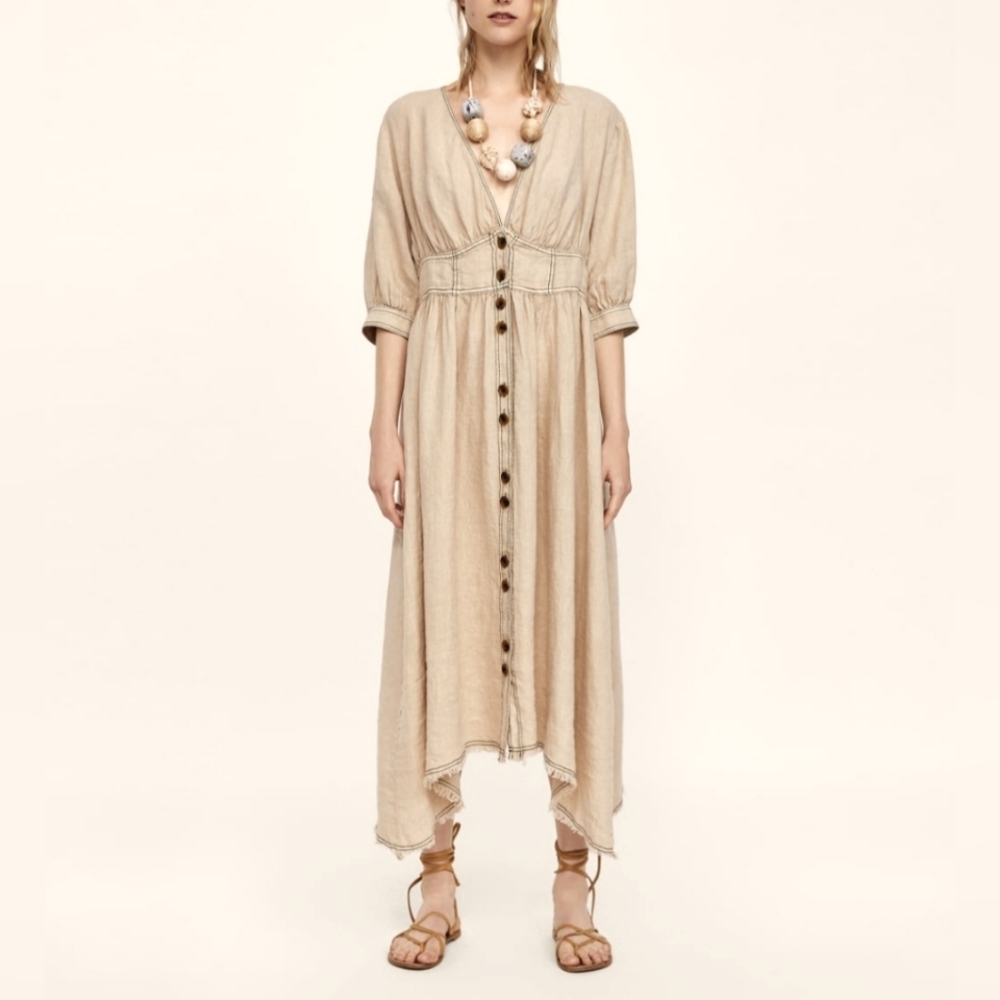 Zara Linen Beige Maxi Dress